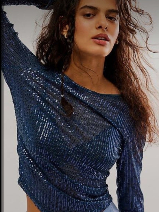Free People Tops - Free People Women’s Navy Sequin Long-Sleeve Top